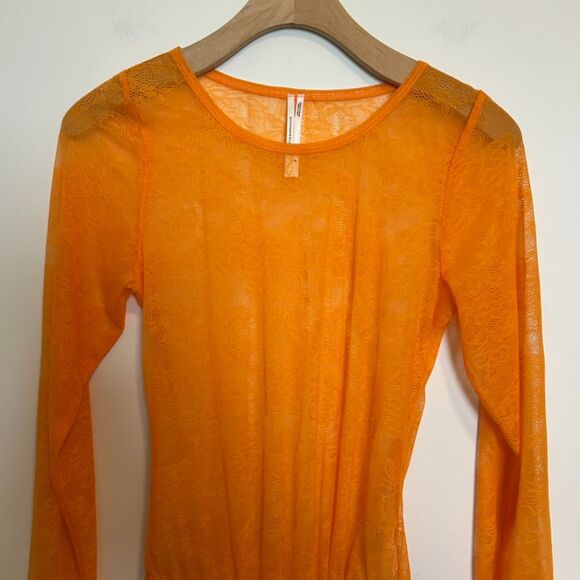 BY ANTHROPOLOGIE Sheer Lace Long-sleeve Bodysuit In Orange One-piece Medium - Picture 3 of 14